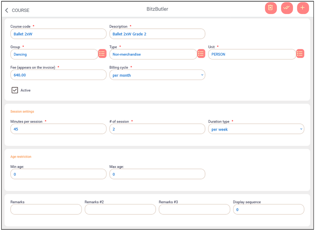Course setup in BizButler CRM