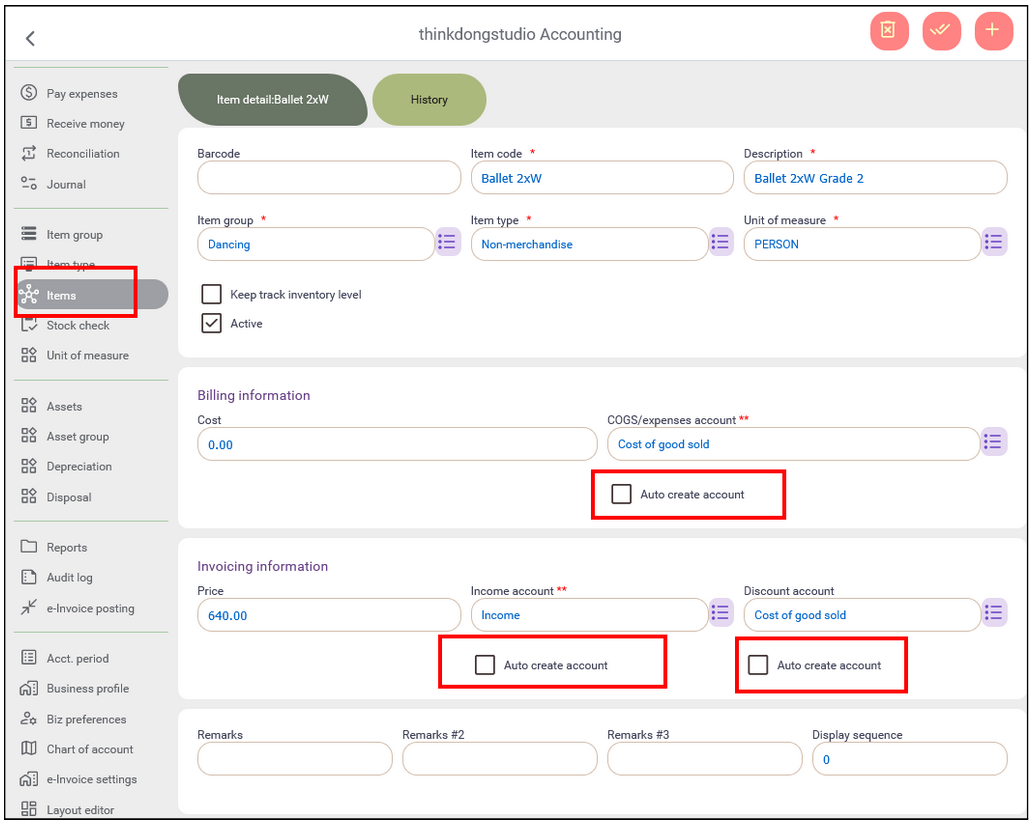 Item setup in Accounting System