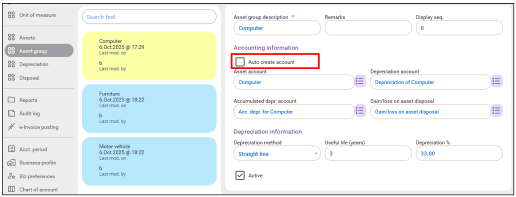 Asset Group setup in Accounting System